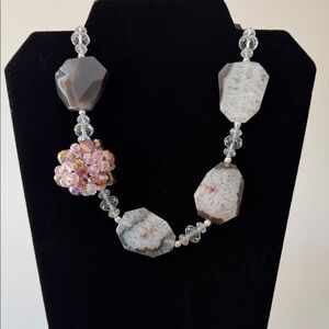 Gray Agate Statement Necklace with Pink Crystal Accent